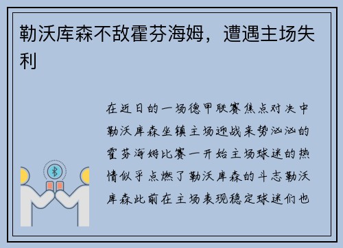 勒沃库森不敌霍芬海姆，遭遇主场失利